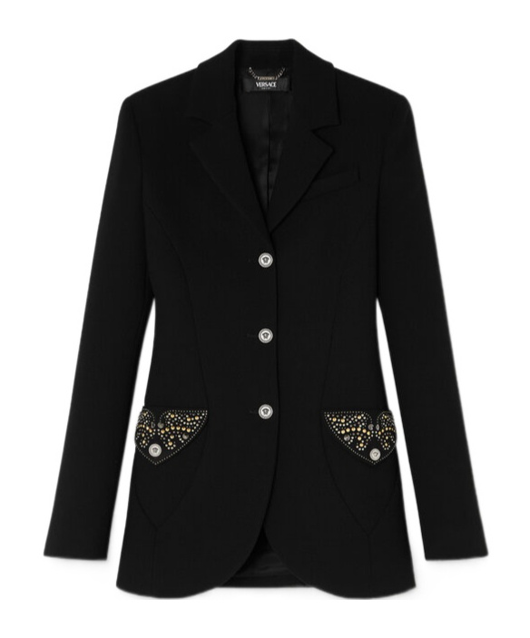 Versace Embellished Pocket Wool Jacket In Black