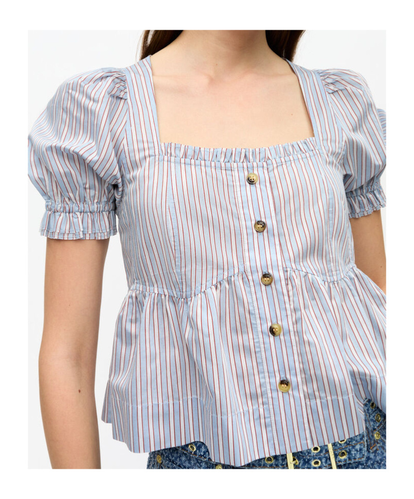 Ganni Yarn Dyed Stripe Blouse Shirts Light Blue In Soft Chambray