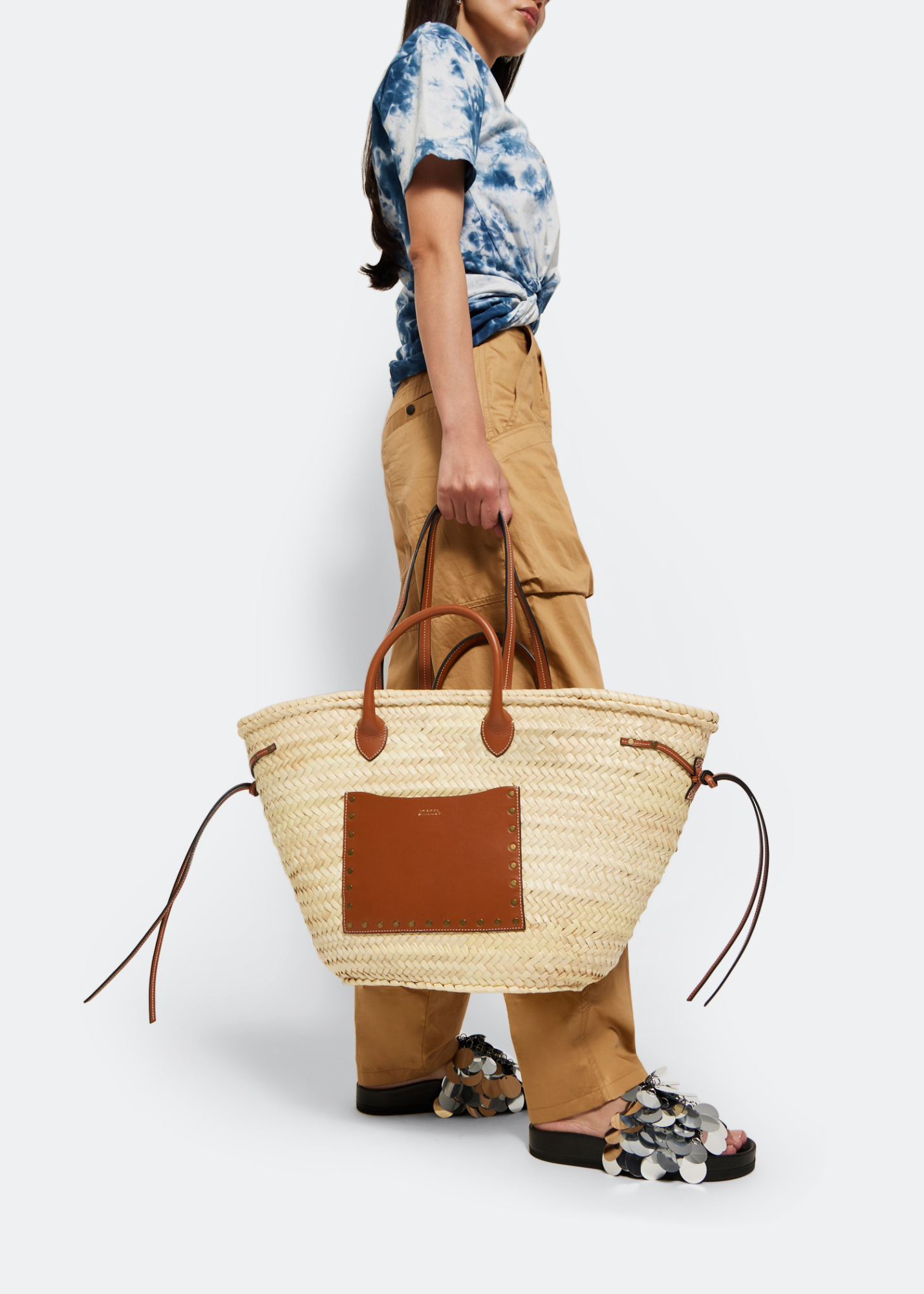 ISABEL MARANT CADIX RAFFIA AND LEATHER BASKET BAG