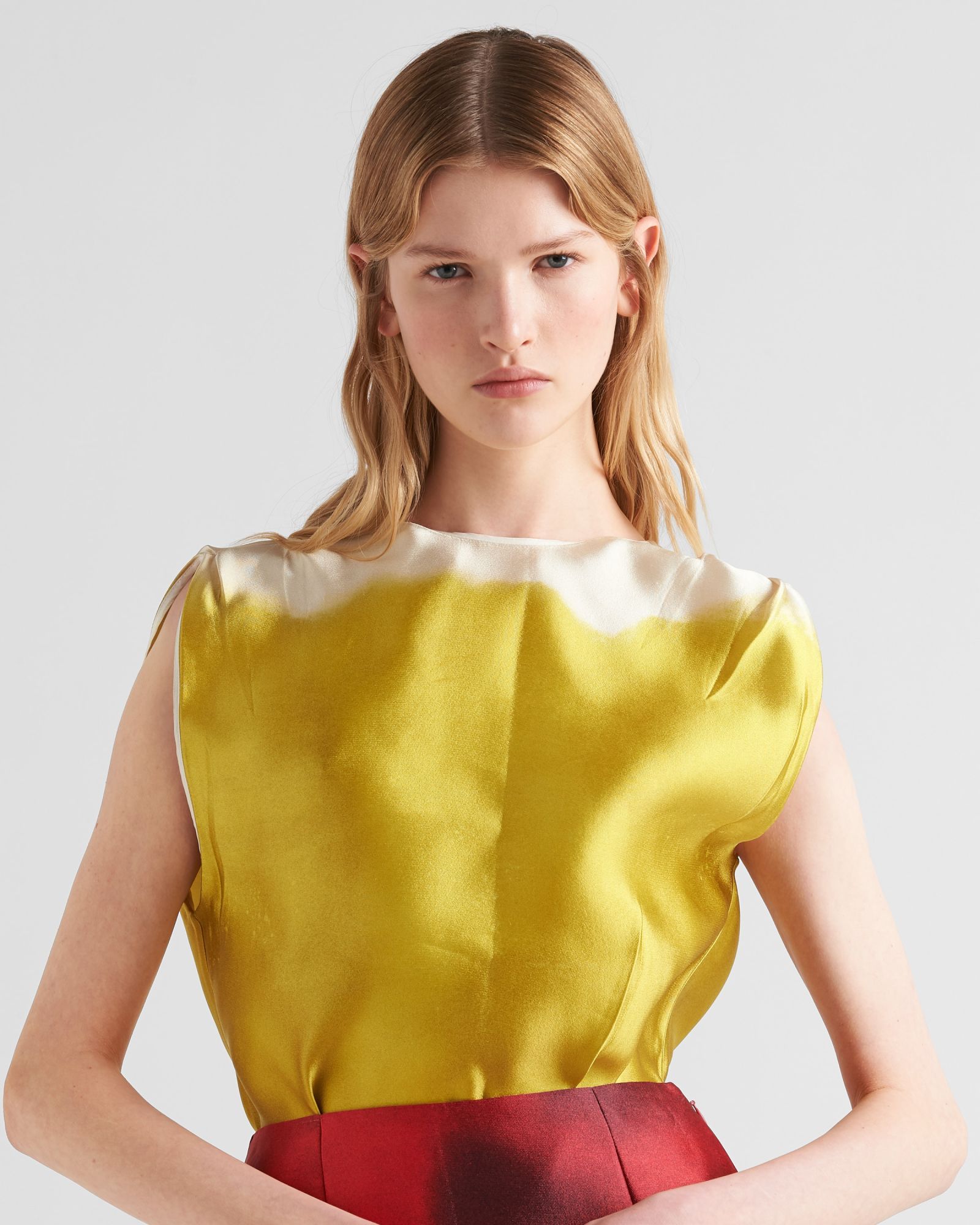 Prada Sleeveless Asymmetric Satin Button Top In Yellow