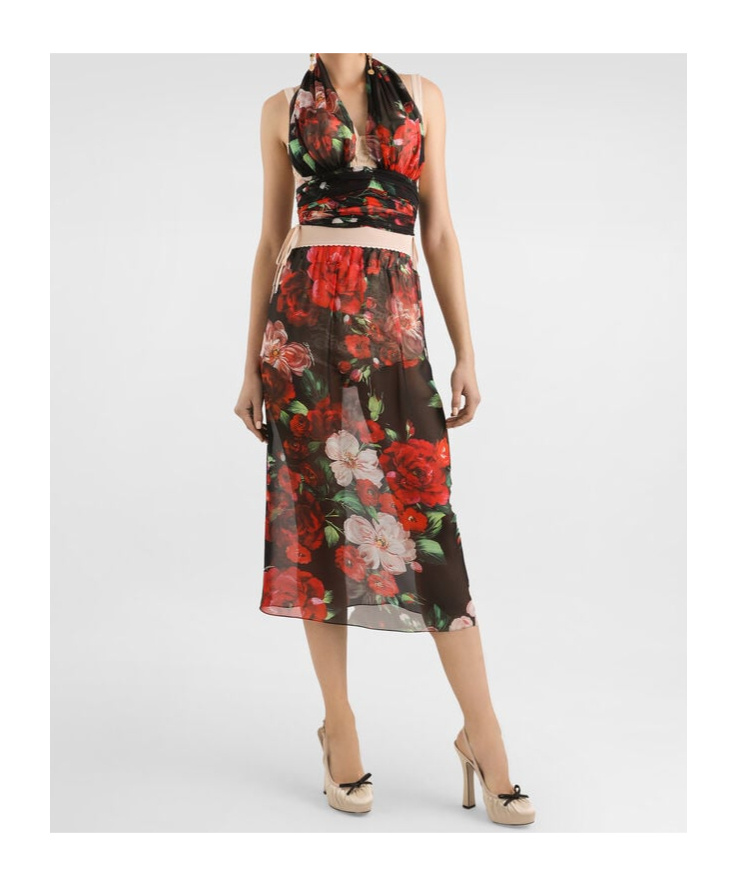 Dolce & Gabbana Bustier Top In Marquisette And Chiffon With Floral Print In Multicolor