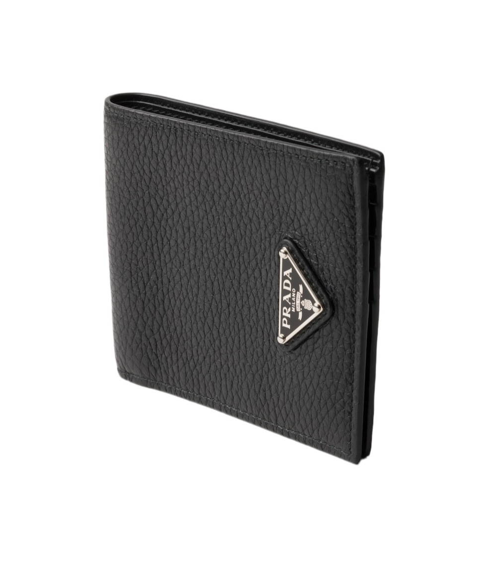 Prada Enamel Triangle-logo Wallet In Black