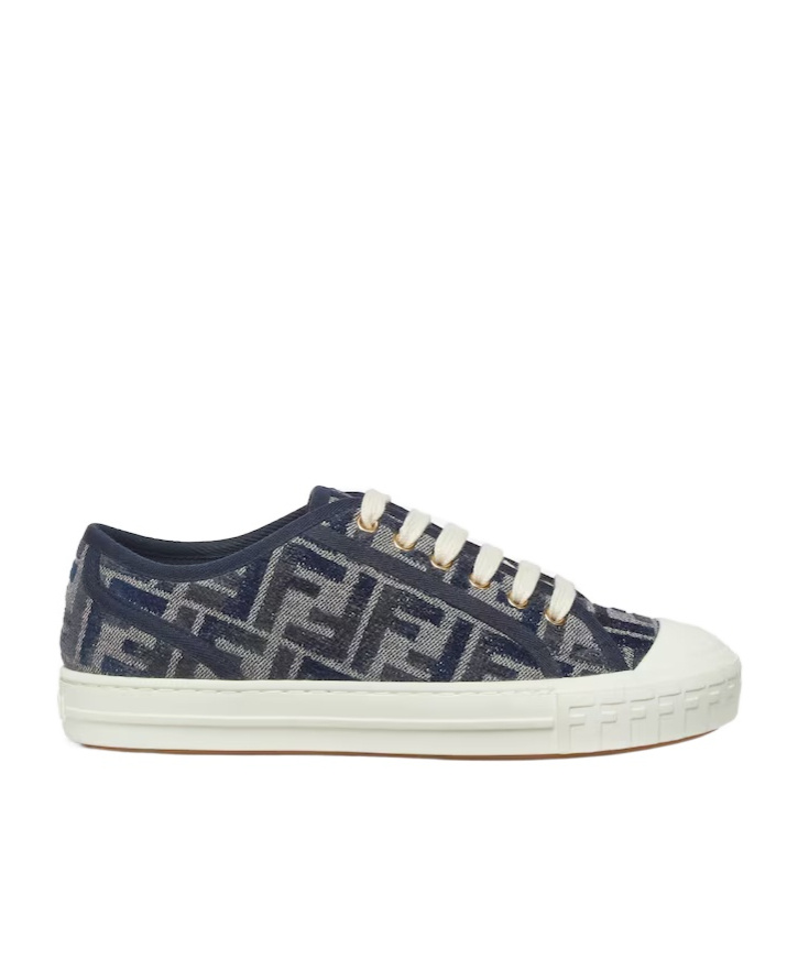Fendi Low Top Denim Sneakers With Chenille Pattern In White