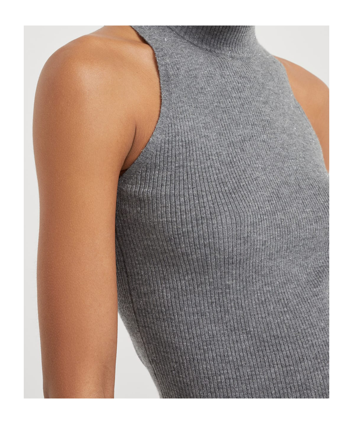 Brunello Cucinelli Sleeveless High Neckline Ribbed Top In Gray
