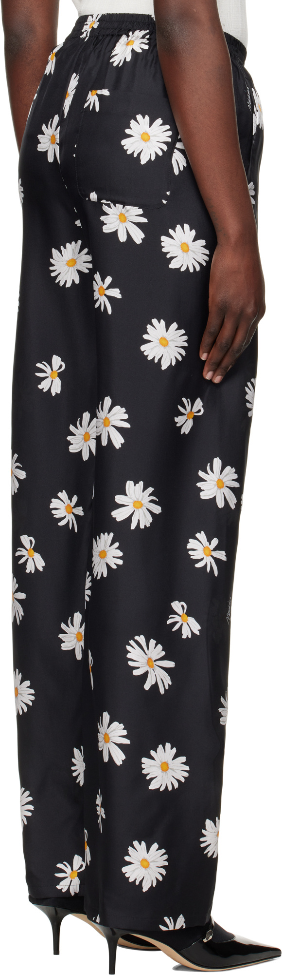 Moschino Black Silk Twill Allover Daisy Trousers In Black