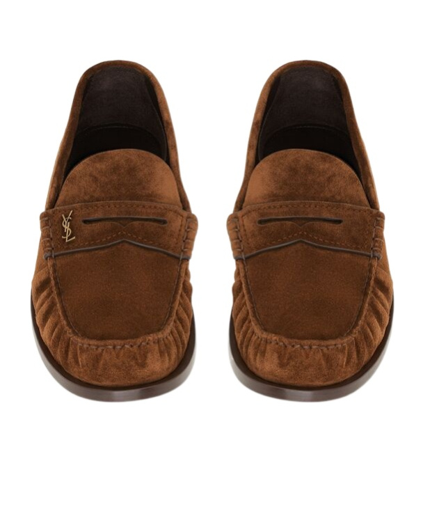 Saint Laurent Suede Penny Strap Loafers Round Toe In Brown