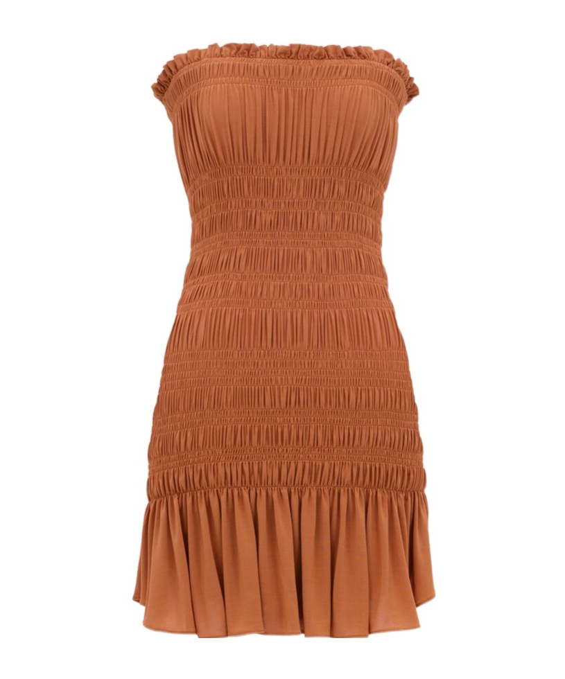 Saint Laurent Strapless Ruched Mini Dress In Brown