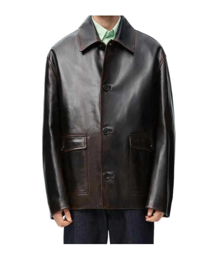 Loewe Anagram Leather Zip-up Overshirt In Black