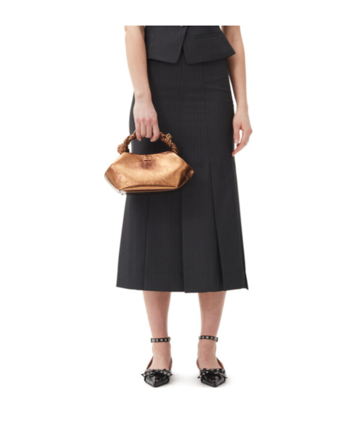 Ganni Dark Grey Stripe Suiting Midi Skirt In Black