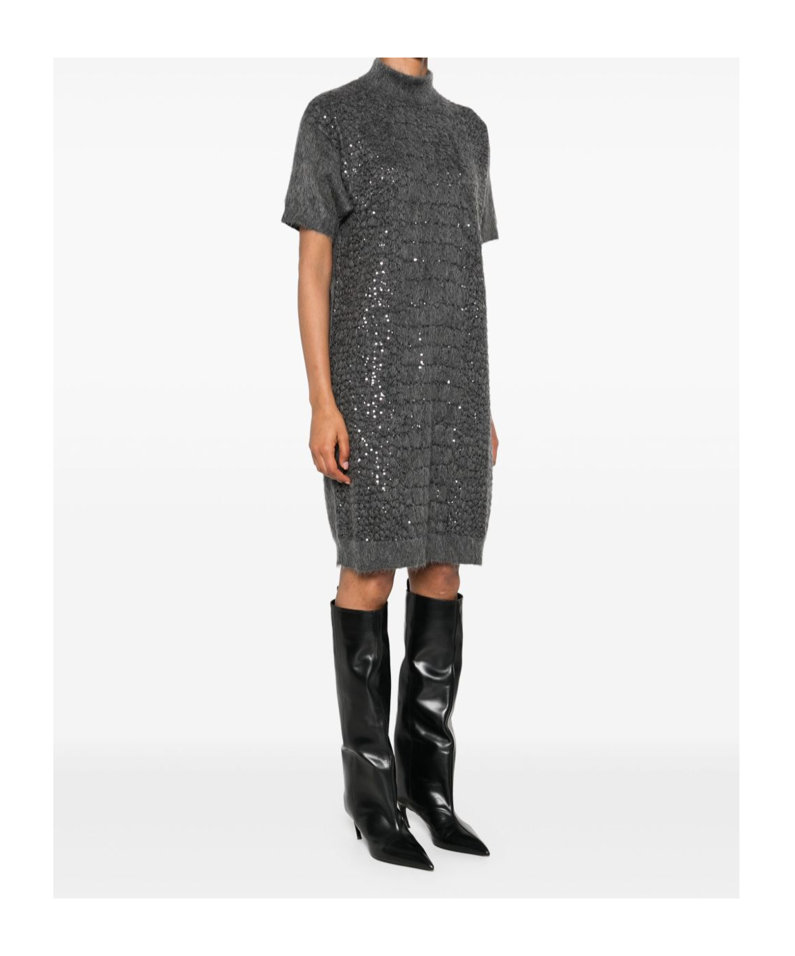 Brunello Cucinelli Sequin-embellished High-neck Dress In Gray