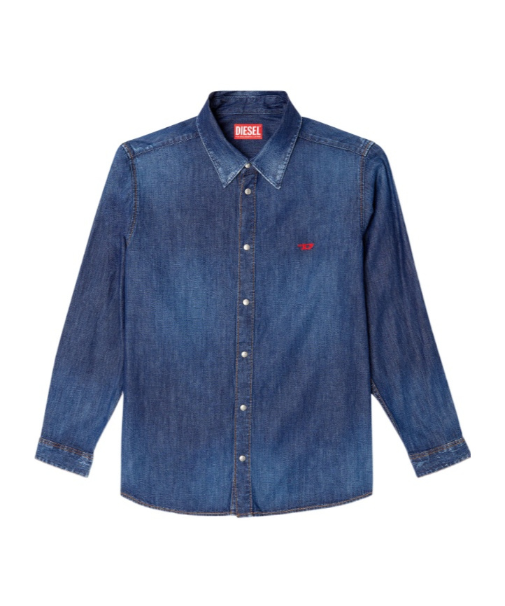 Diesel Denim Shirt With Embroidered Logo In Blue