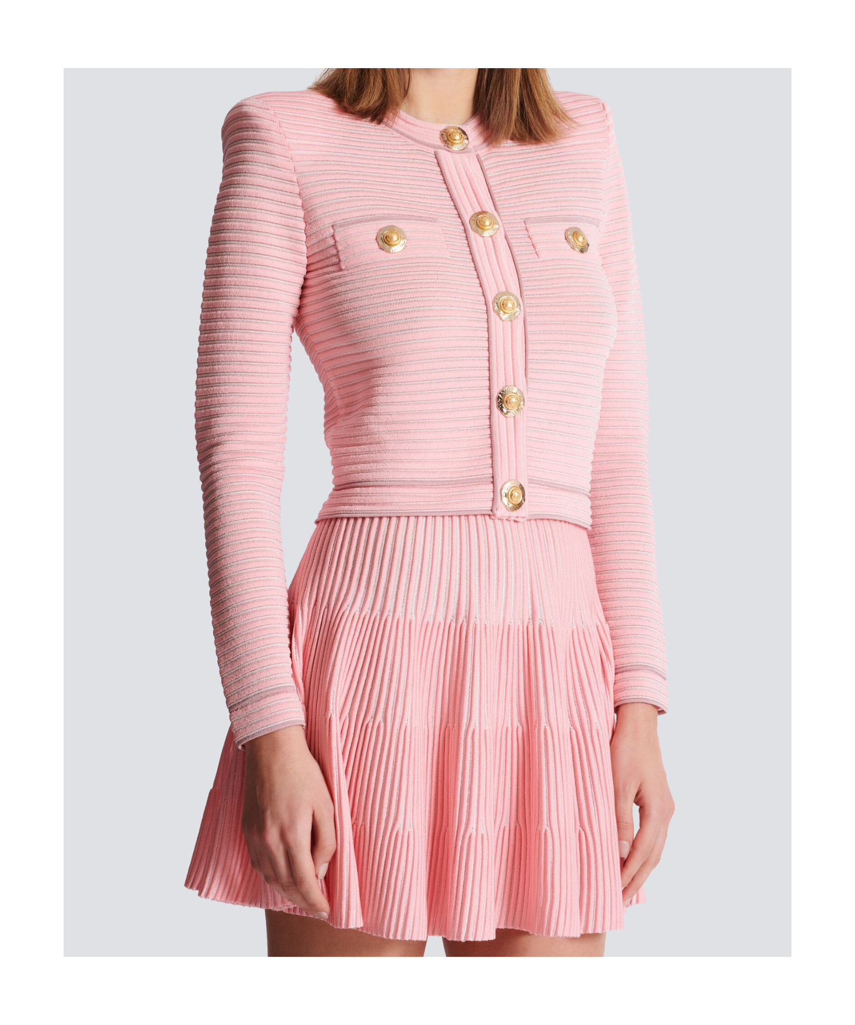 Balmain Long-sleeved Textured Knit Cardigan In Pink