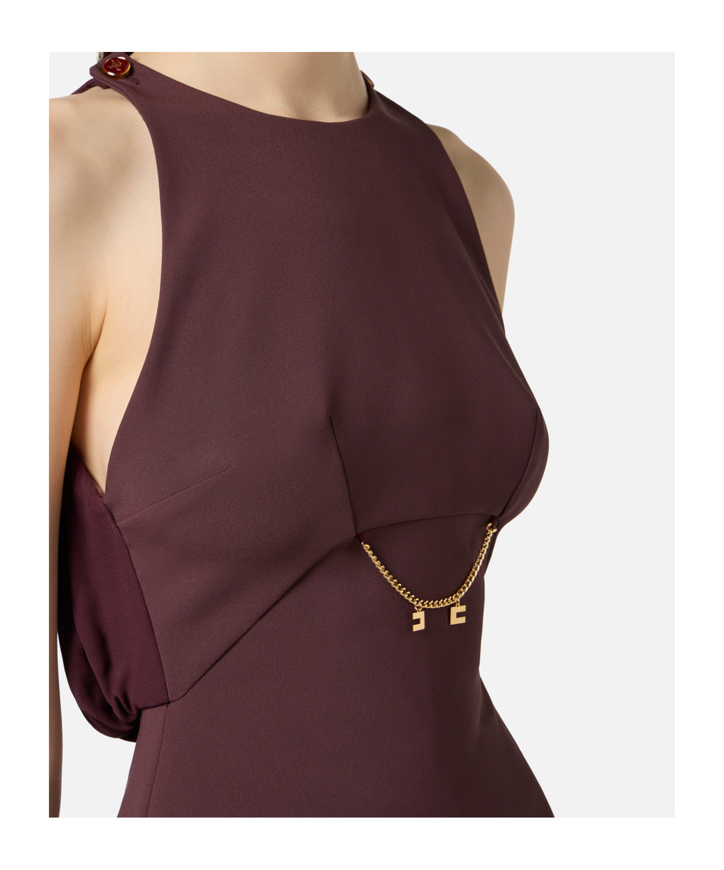 Elisabetta Franchi Bordeaux Sleeveless Dress With Chain Decoration On The Front In Fabric Woman In Brown