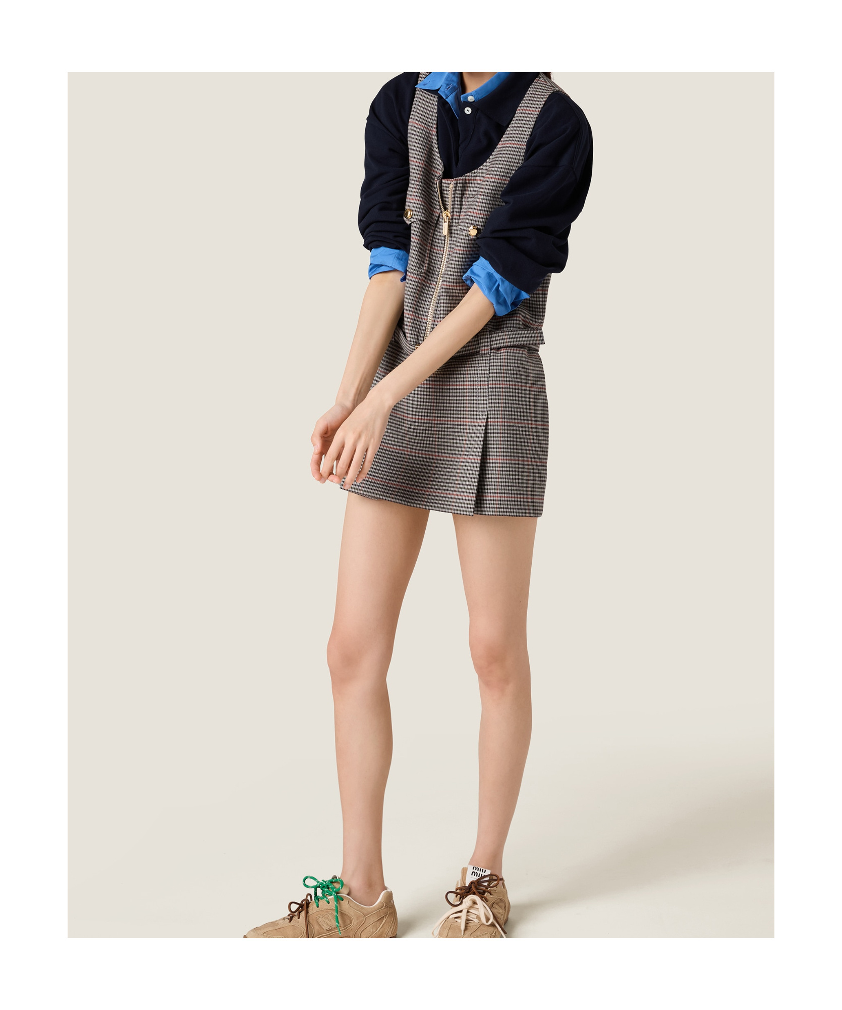 Miu Miu Checked Sleeveless Wool Dress In Gray