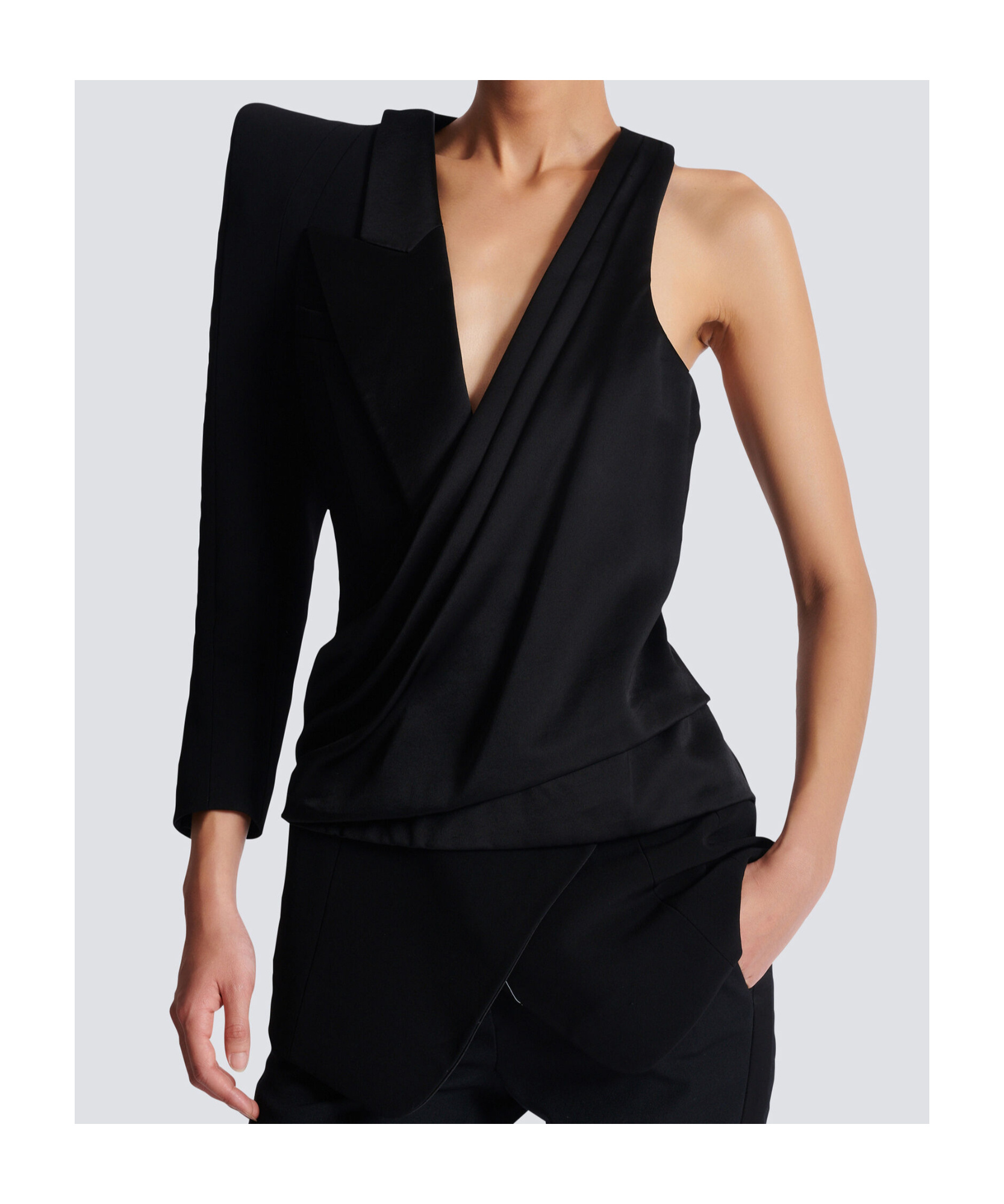 Shop Balmain Asymmetric Dress With Structured Shoulder In Black