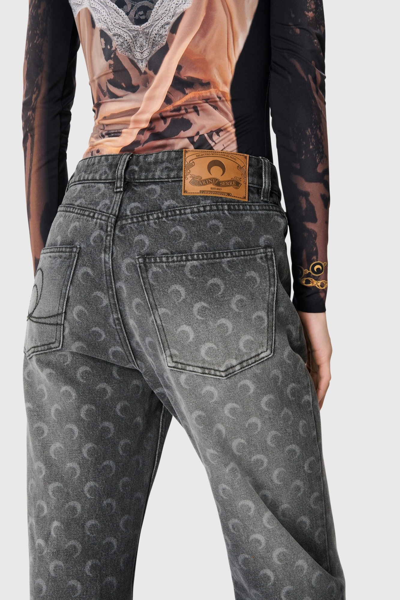 Marine Serre Cotton Jeans With Moon Print And Pockets In Gray