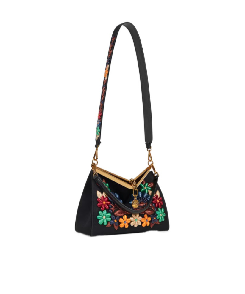 Etro Medium Vela Bag With Flowers In Black