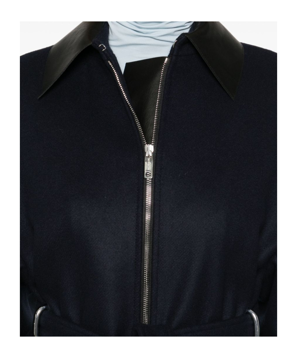 Sportmax Belted Long Coat Featuring Leather Collar In Blue