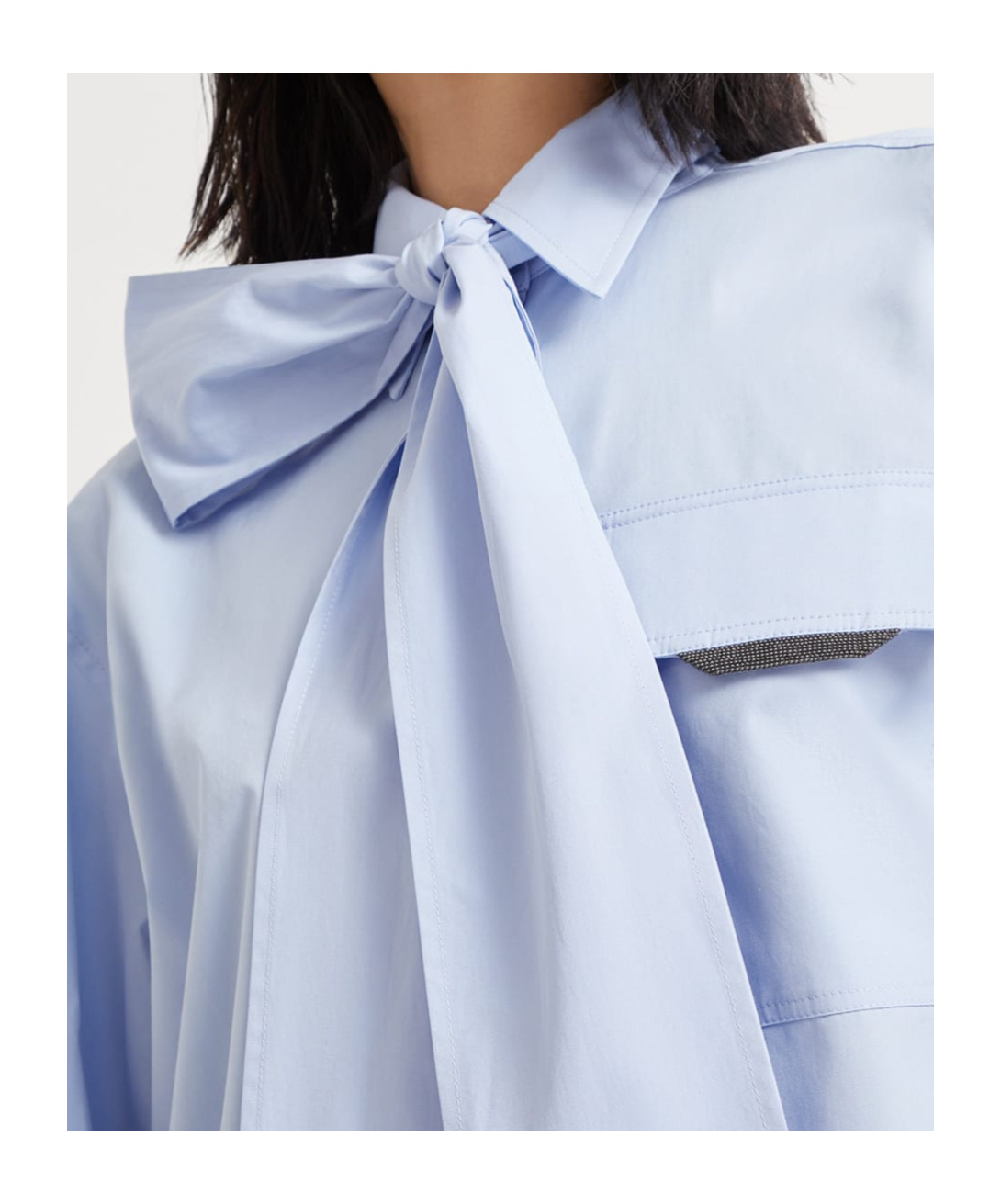 Brunello Cucinelli Long Sleeve Collared Shirt With Bow Detail In Blue