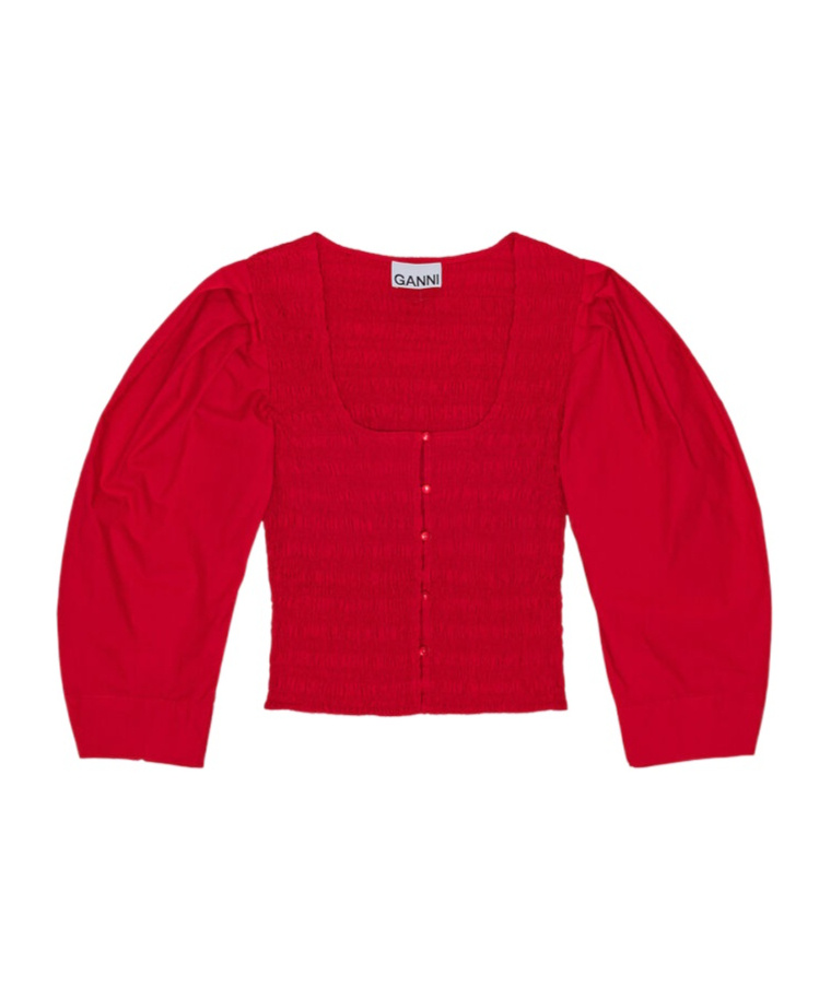 Ganni Smocked Poplin Blouse In Red