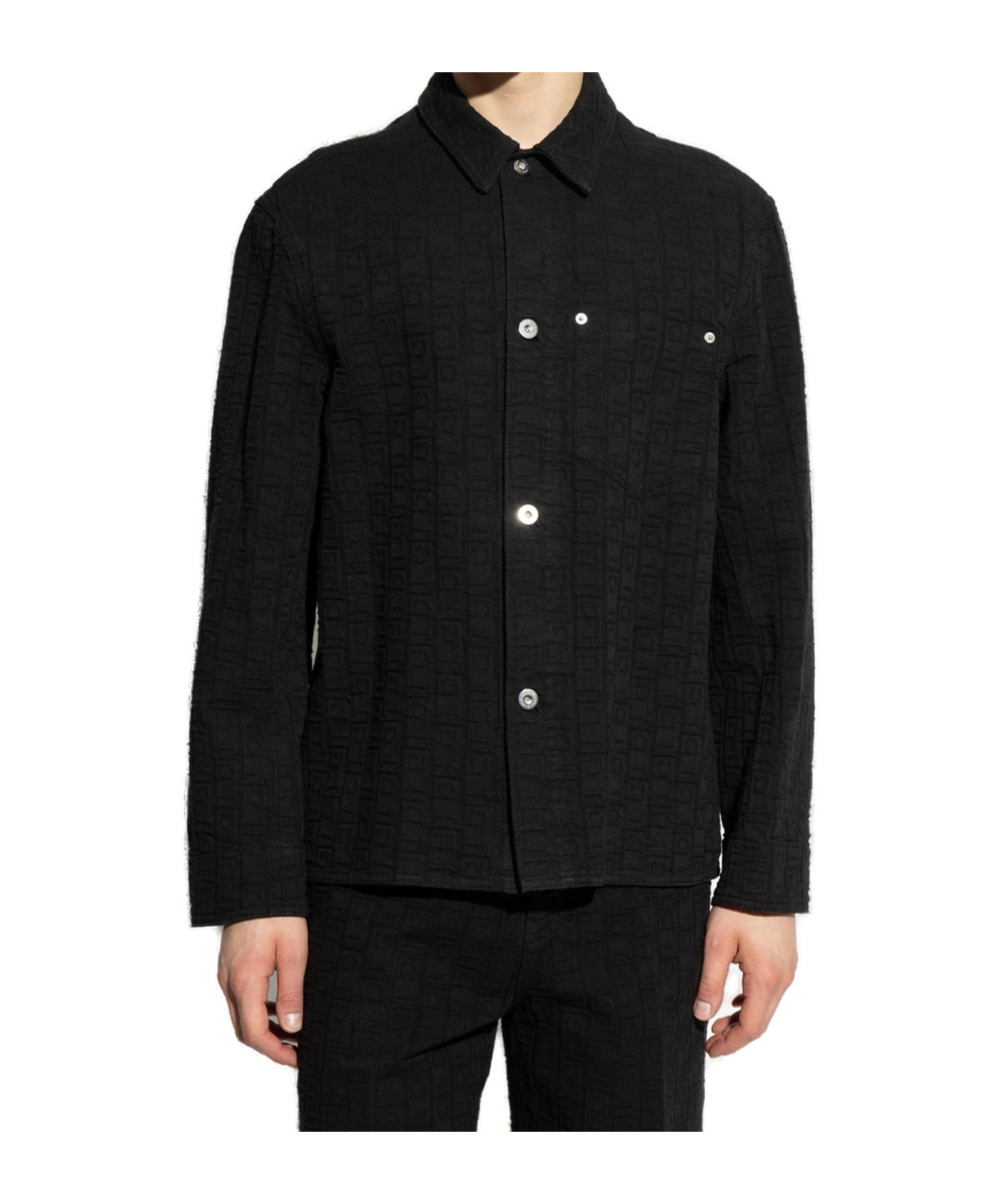 Ferragamo Denim Shirt With Chest Pocket And Textured Fabric In Black