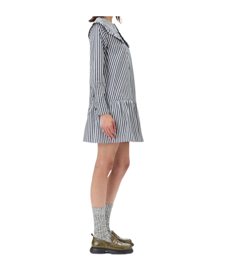 Shop Ganni Black And White Stripe Mini Shirt Dress In Gray