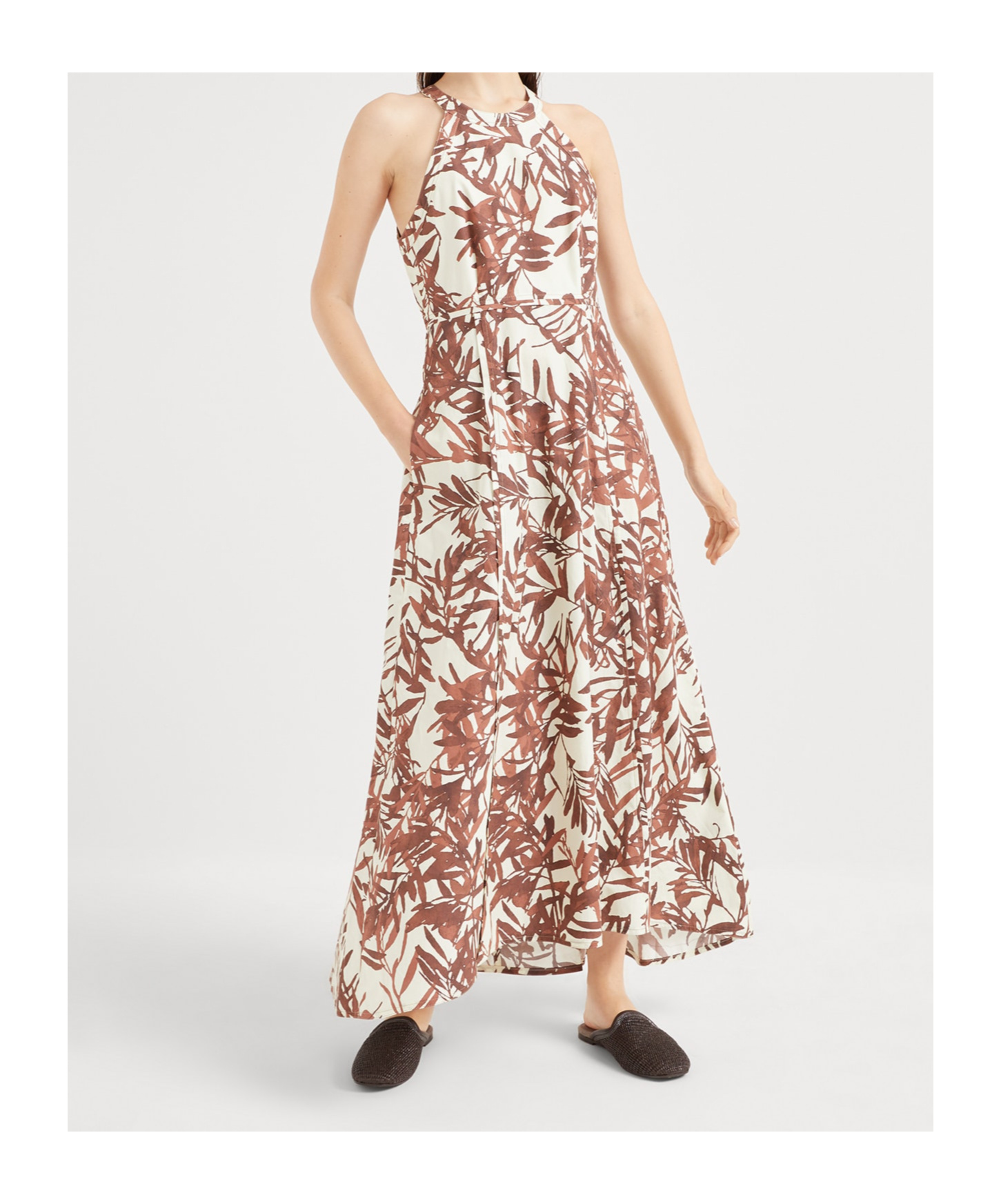 Brunello Cucinelli Multicolor Sleeveless Long Dress With All-over Herbarium Print In Cotton Woman In Multicolor