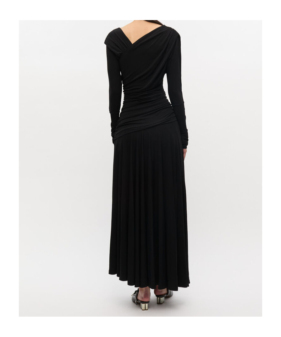 Ganni Interlock Jersey Crossover Ruched Long Dress Dresses Black In Black