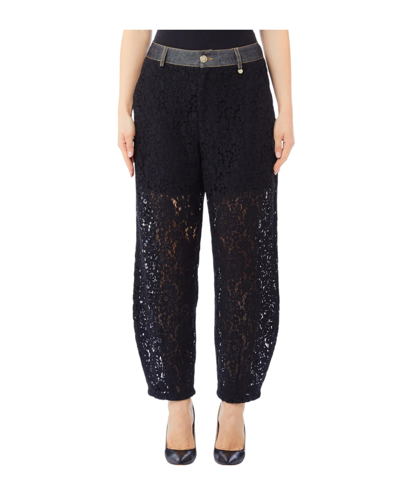 Liu •jo Lace-denim Cotton-blend Trousers In Black