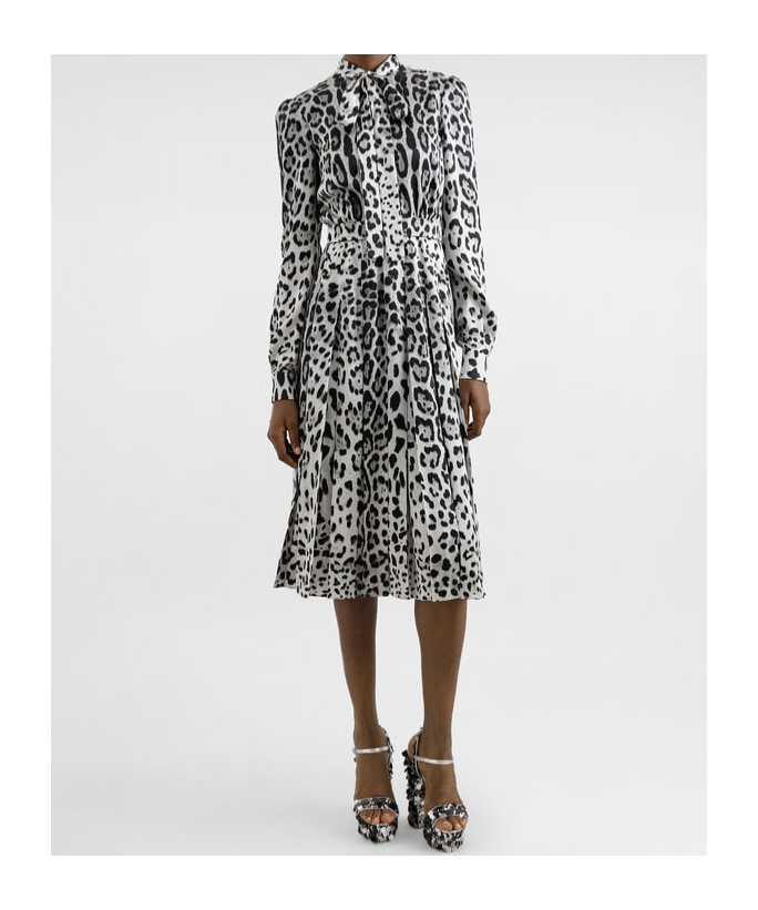 Dolce & Gabbana Satin Calf-length Shirt Dress With Pussy-bow And Leopard Print In Gray
