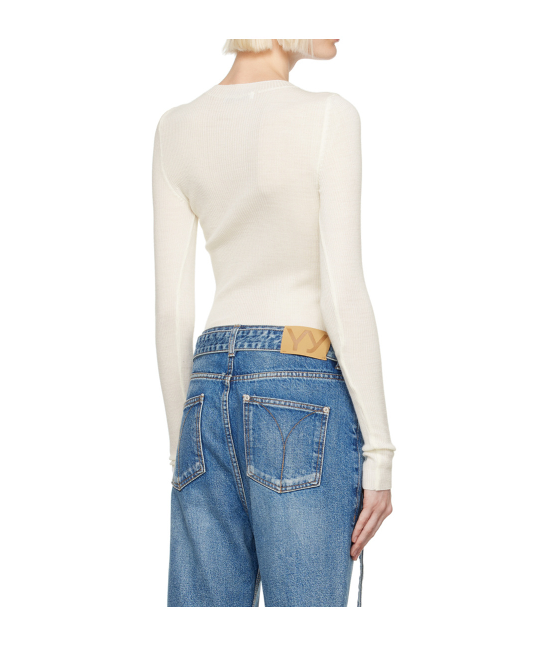 Open Yy White Ribbon Rib Knit Long Sleeve T-shirt In Gray
