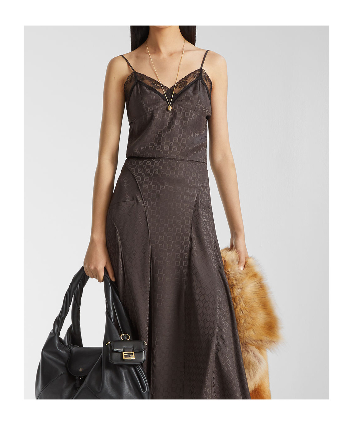 Fendi Jacquard Ff Lace-trimmed Top In Brown