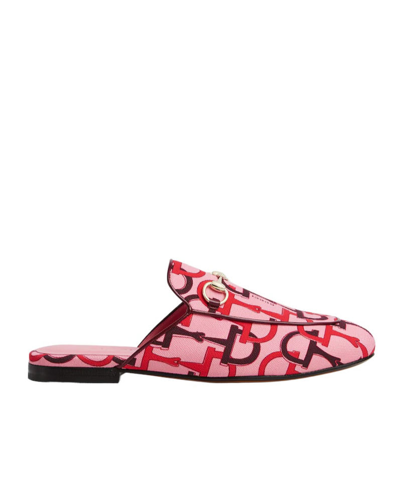 Gucci Princetown Horsebit Print Loafer Mules In Pink And Red