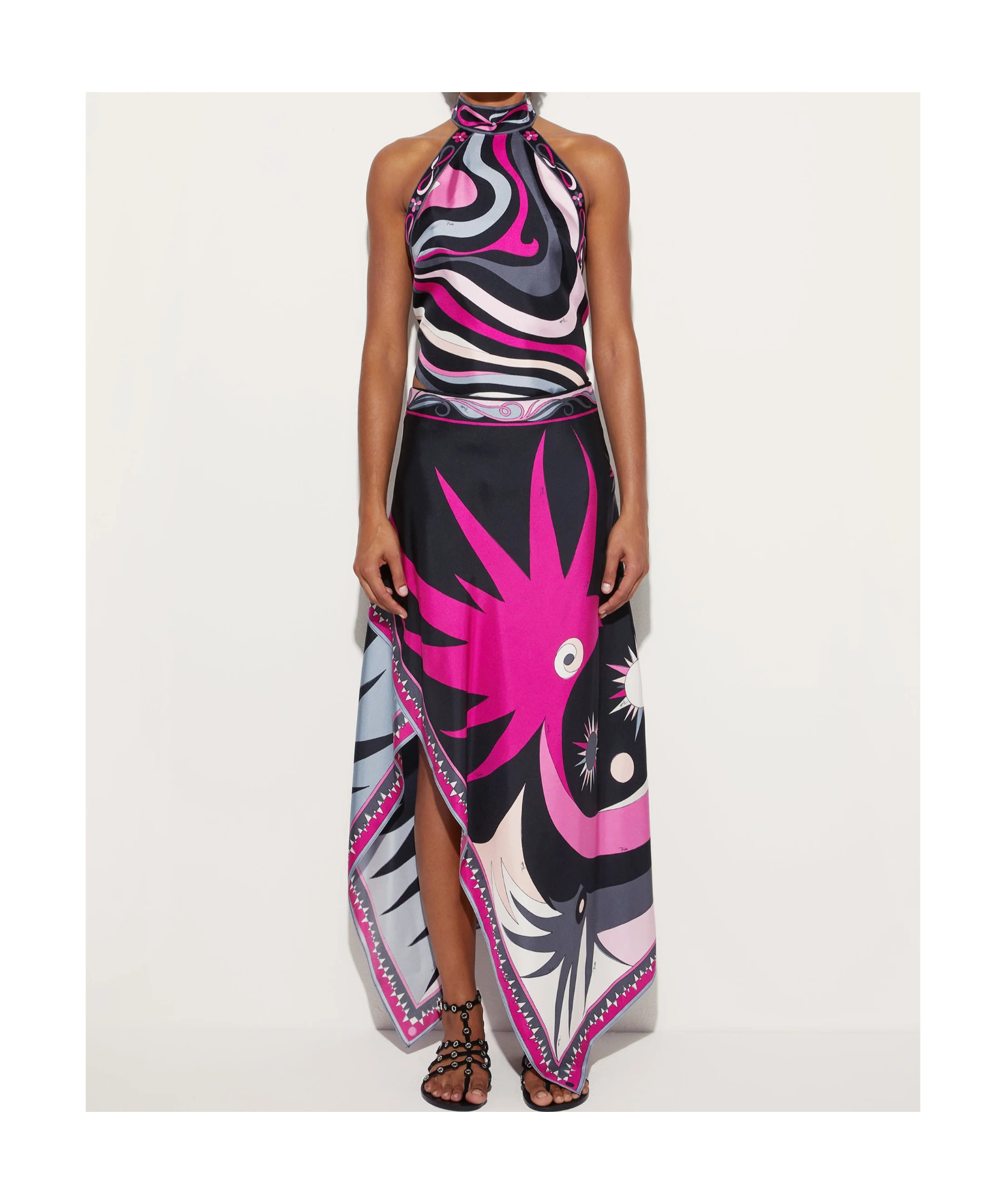 Emilio Pucci Stella Print Asymmetrical Midi Skirt In Black And Fuchsia
