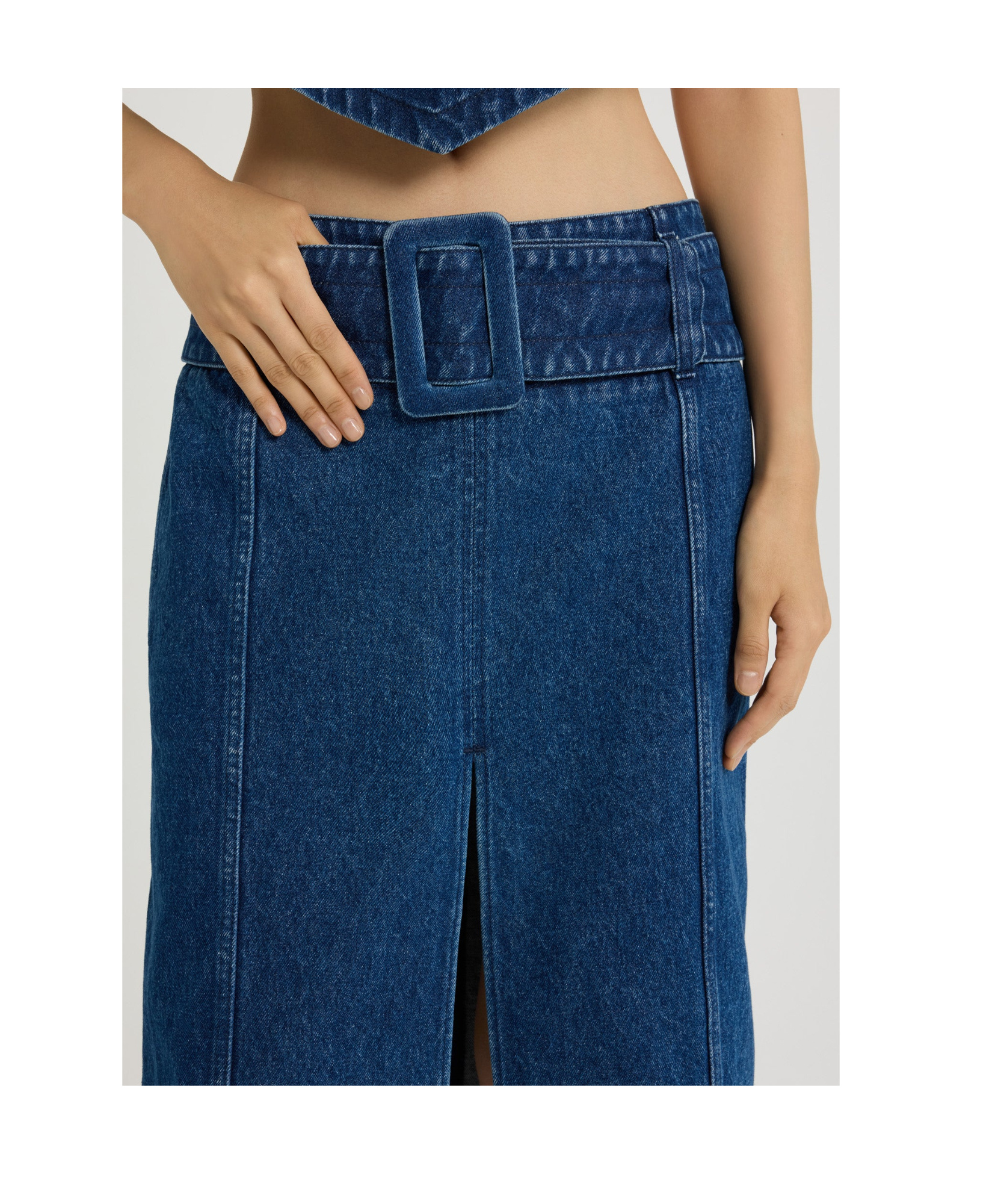 Patou Belted Denim Midi Skirt In Blue