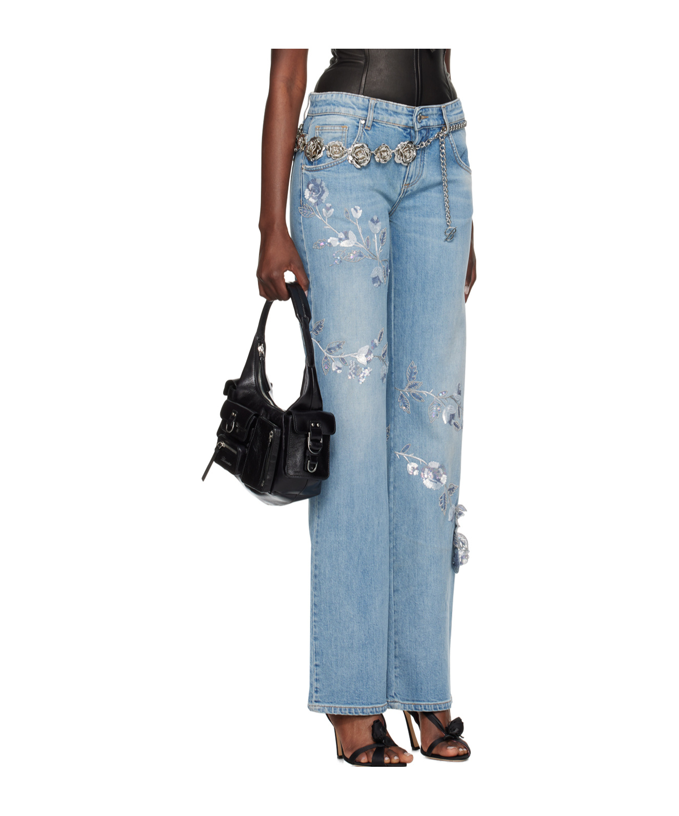 Shop Blumarine Floral Sequined Jeans In Blue