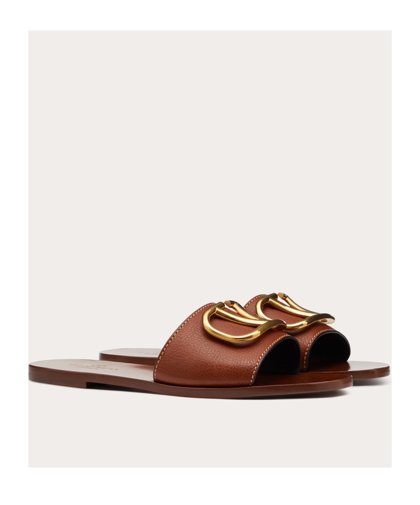 Shop Valentino Vlogo Signature Slide Sandal In Grainy Cowhide With Accessory In Brown