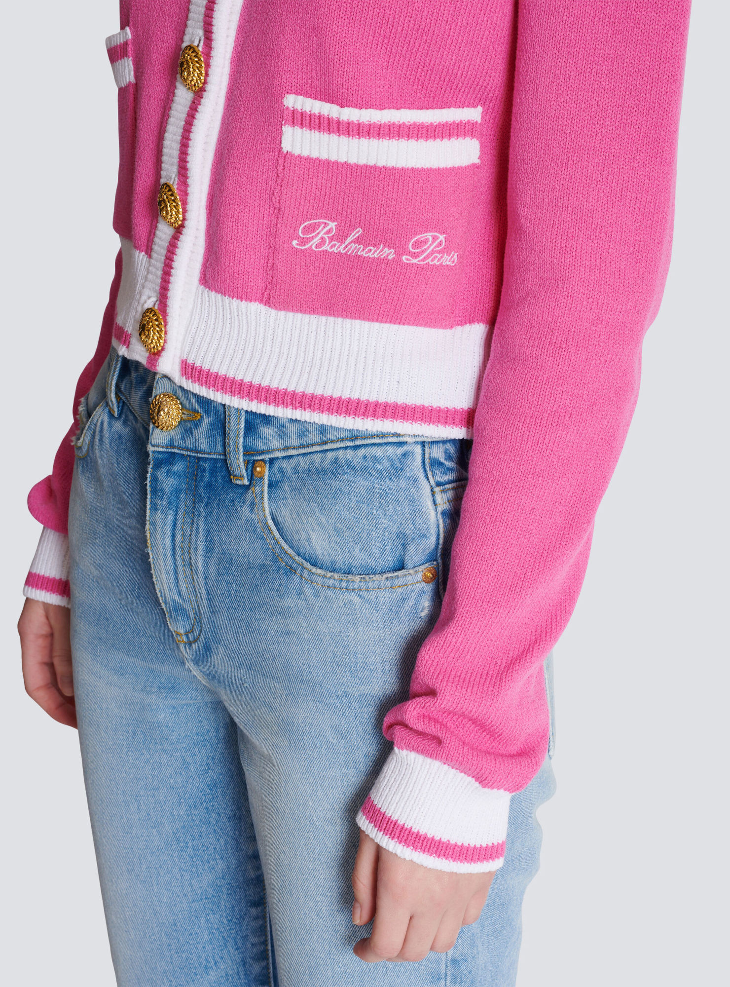 Balmain Strong-shoulder Signature Buttoned Knit Cardigan In Pink