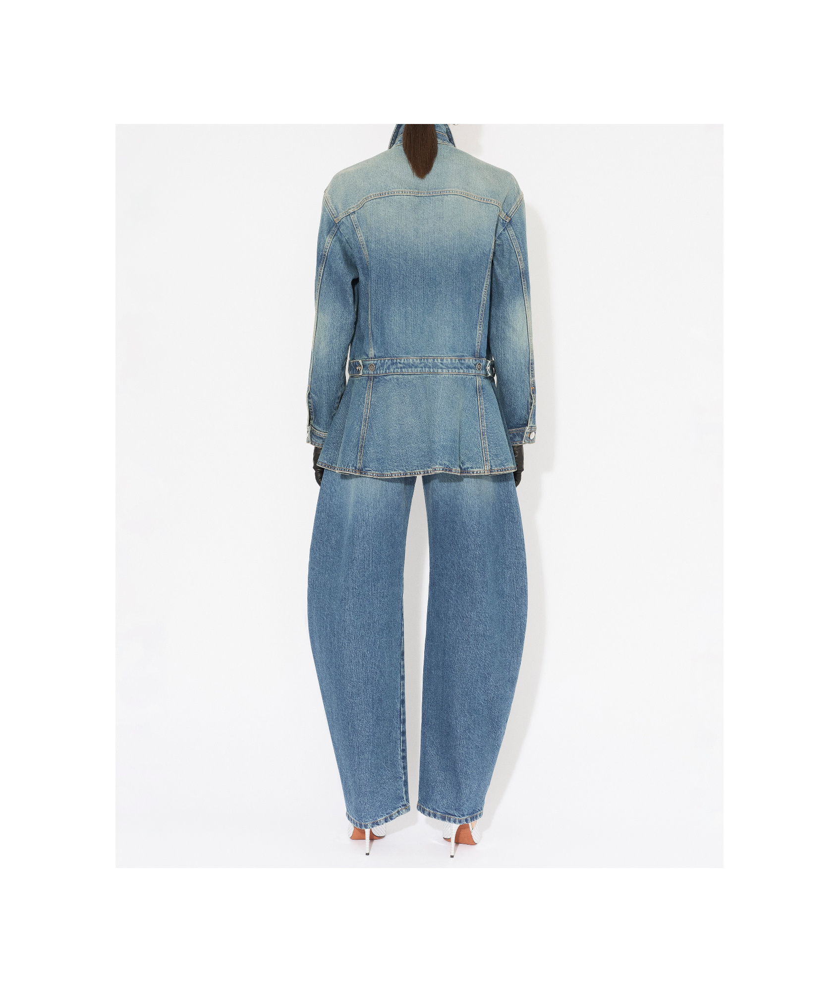 Shop Alaïa Peplum Denim Jacket In Blue