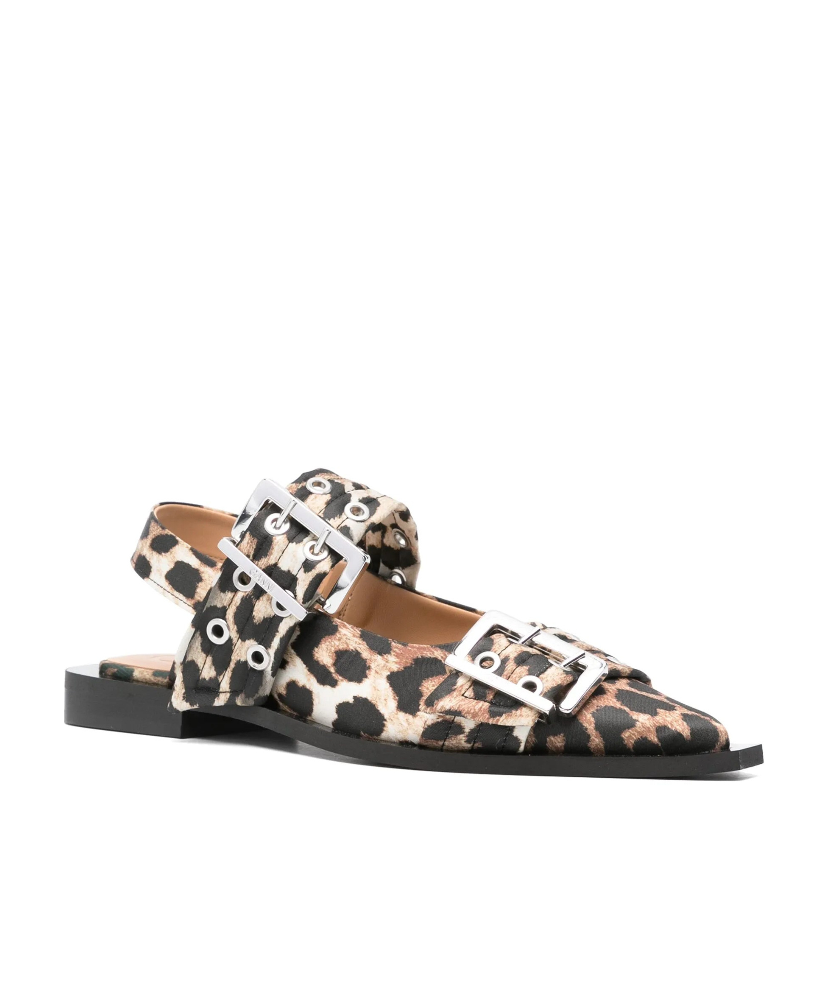 Ganni Leopard Satin Feminine Buckle Ballerinas In Black