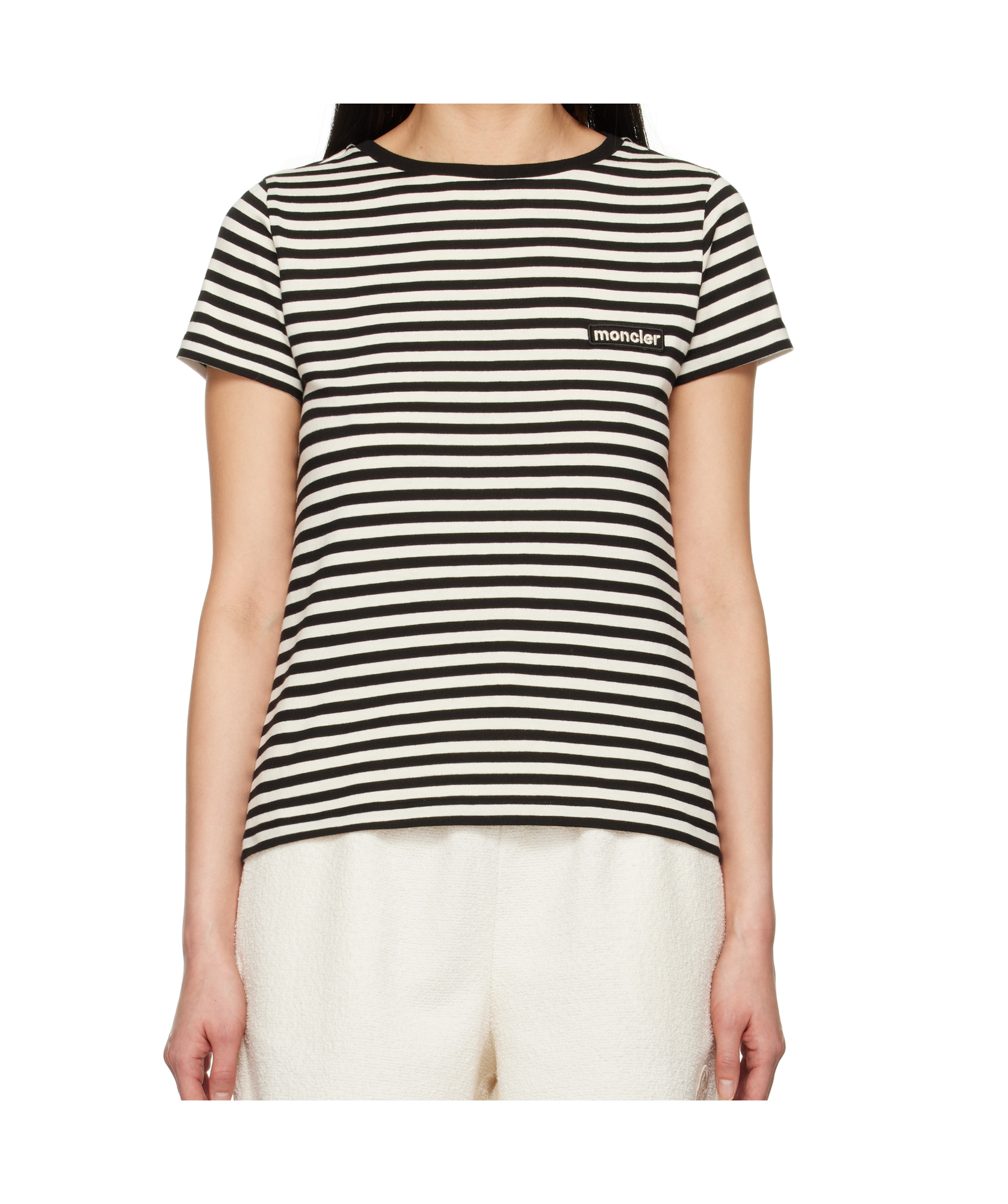 Moncler Black And White T-shirt With All-over Striped Motif And Logo Patch On The Chest In Cotton Wo In White