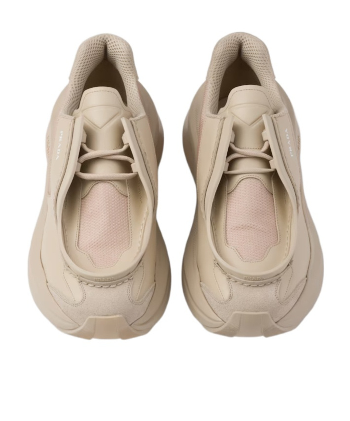 Prada Systeme Brushed Leather Sneakers With Bike Fabric And Suede Elements In Nude