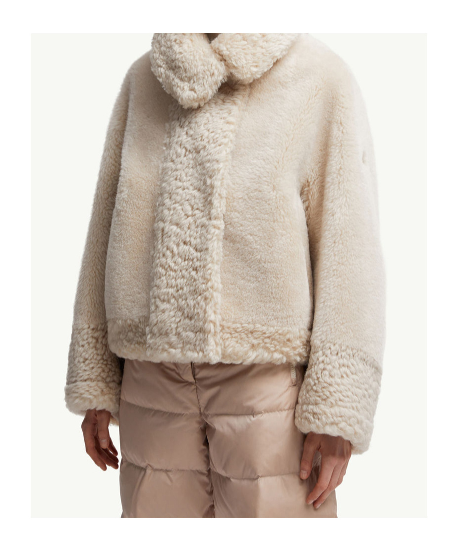 Moncler Gobain Shearling  Suede Short Down Jacket In Neutral