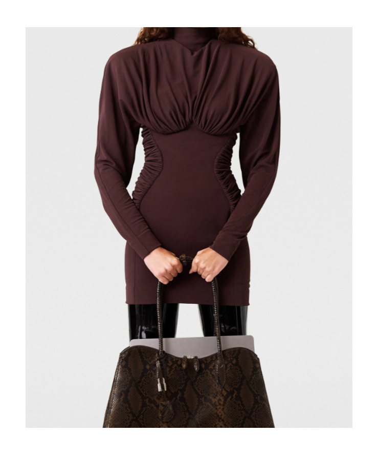 Stella Mccartney Pleated Long Sleeve Crepe Jersey Minidress In Brown
