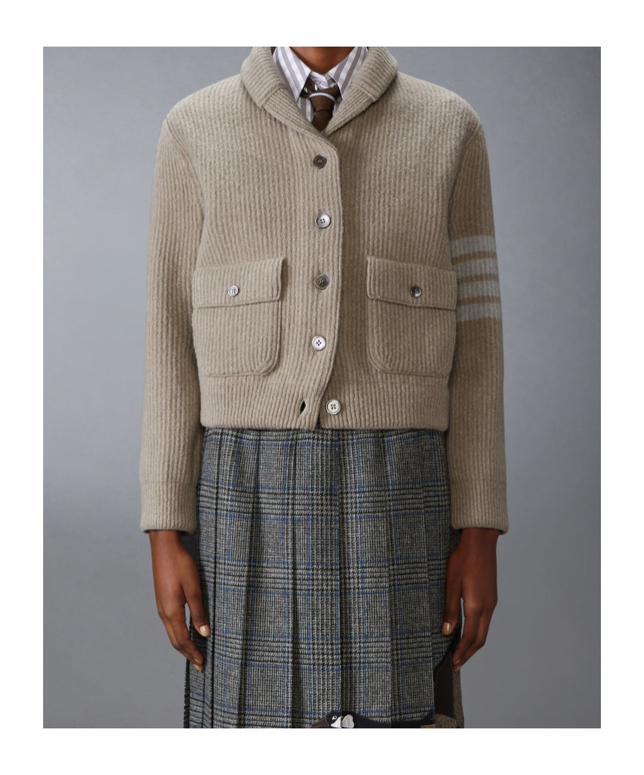 Thom Browne 4 Bar Stripes Tuck Ribbed Bomber Jacket In Gray