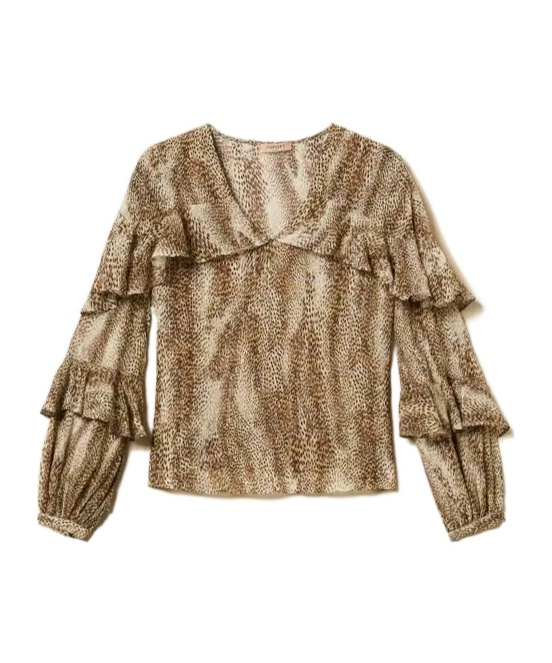Twinset Animal Print Blouse With Ruffled Sleeves In Brown