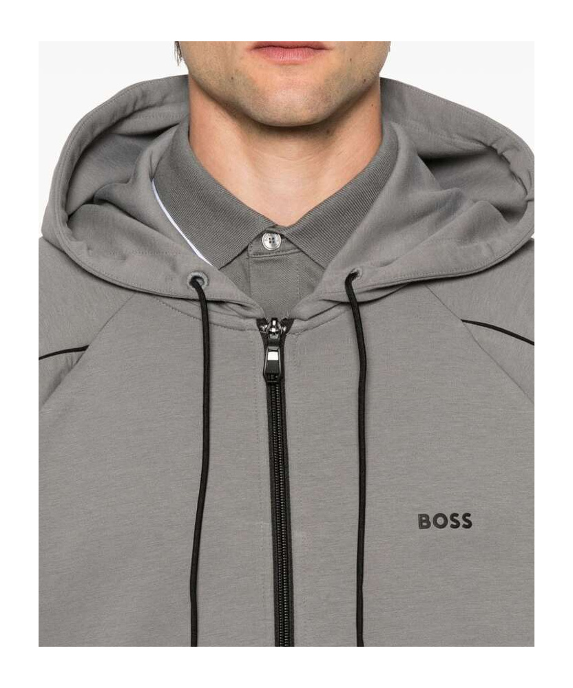 Shop Hugo Boss Zippered Hooded Sweatshirt In Gray