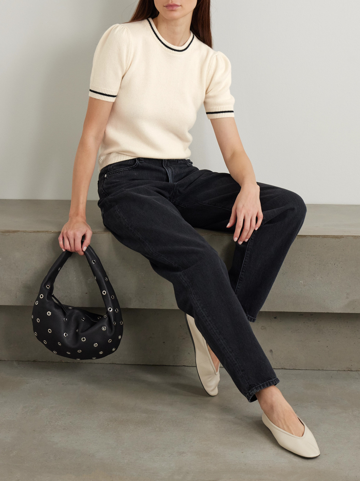Frame Pointelle-knit T-shirt In White