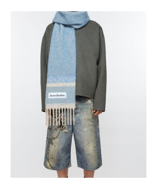 Acne Studios Fringed Logo Scarf In Blue
