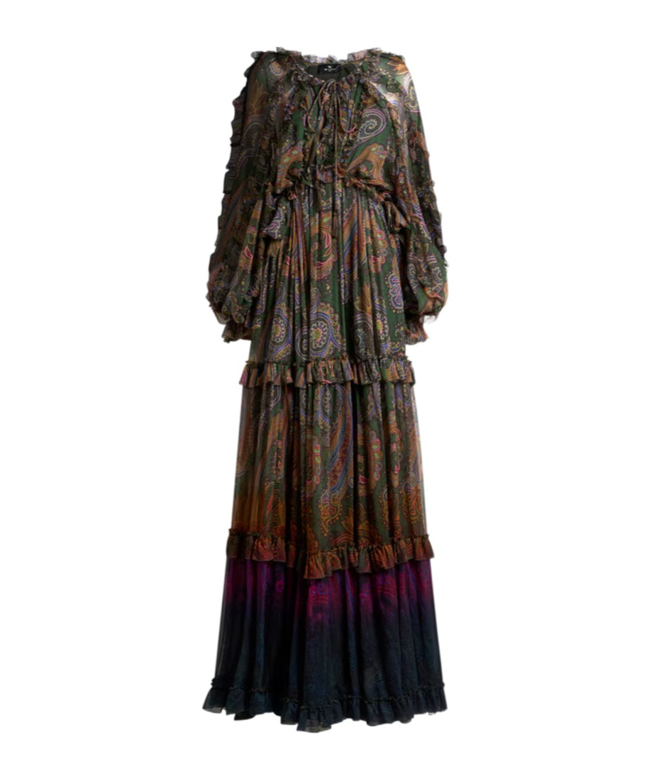 Etro Long Silk Dress With Ruffles And Placed Degradé Paisley Print In Green